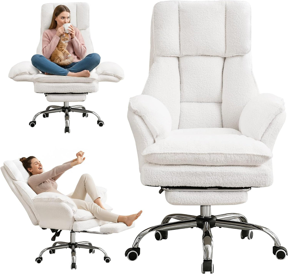 JOMEED Cloud Cross Legged Office Chair with Footrest,Flip Armrest,White