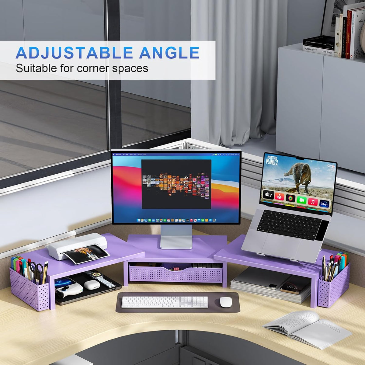 gianotter dual monitor stand riser with drawer and, close-up detail