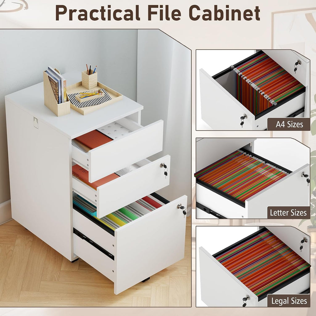 Giantex 3-Drawer File Cabinet with Lock, 27-Inches Storage Cabinet with 2 Side Hooks, Mobile Printer Stand, Wheels, 4 Keys, Vertical Filing Organizer fits Letter/A4 Size for Home Office (White)