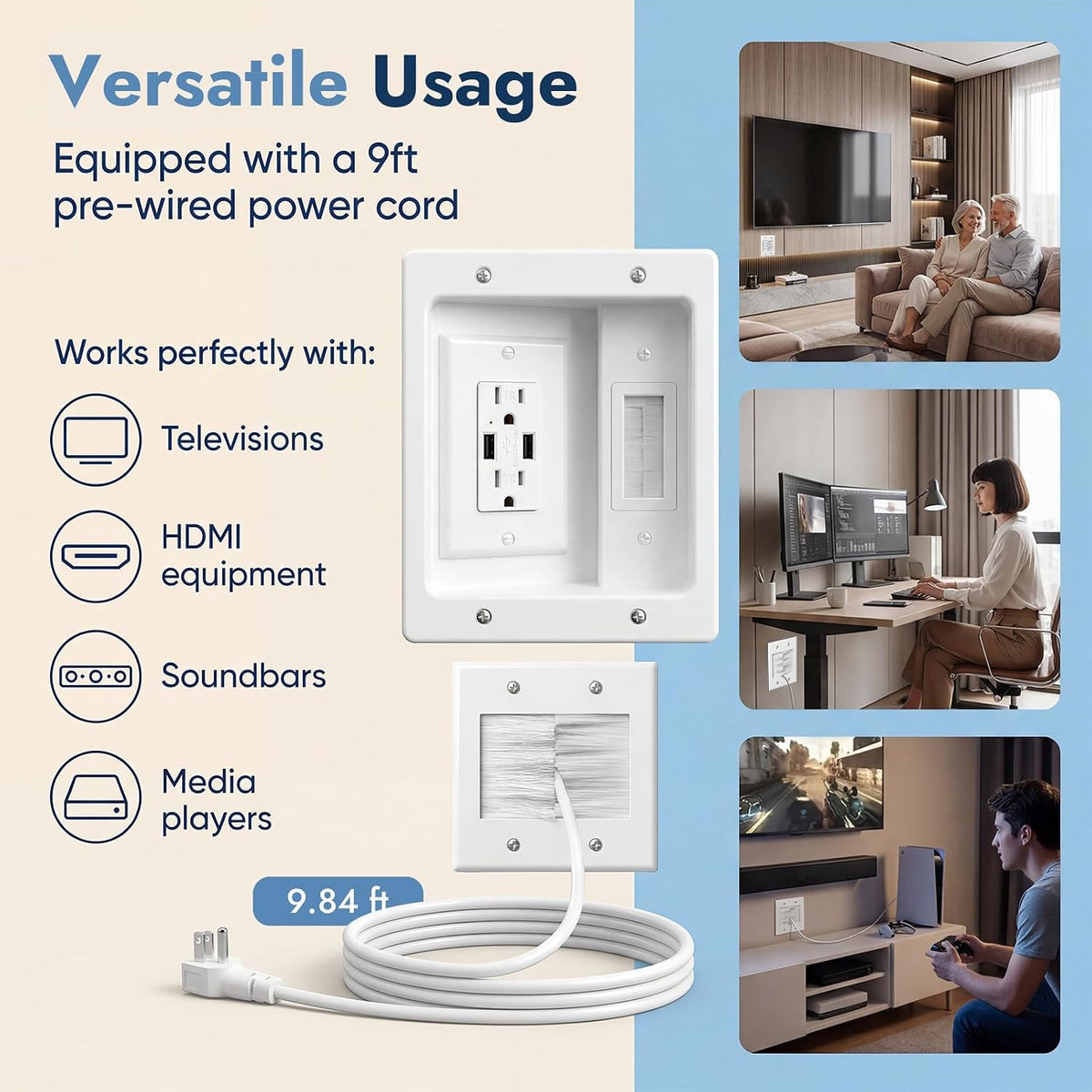 in-Wall Cable Management Kit, Recessed TV Outlet Box with Dual AC + 2 USB Por...