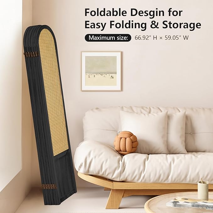 Asnefeli Room Divider 4 Panels, Folding Privacy Screen, Foldable Wood Rattan - Image 5