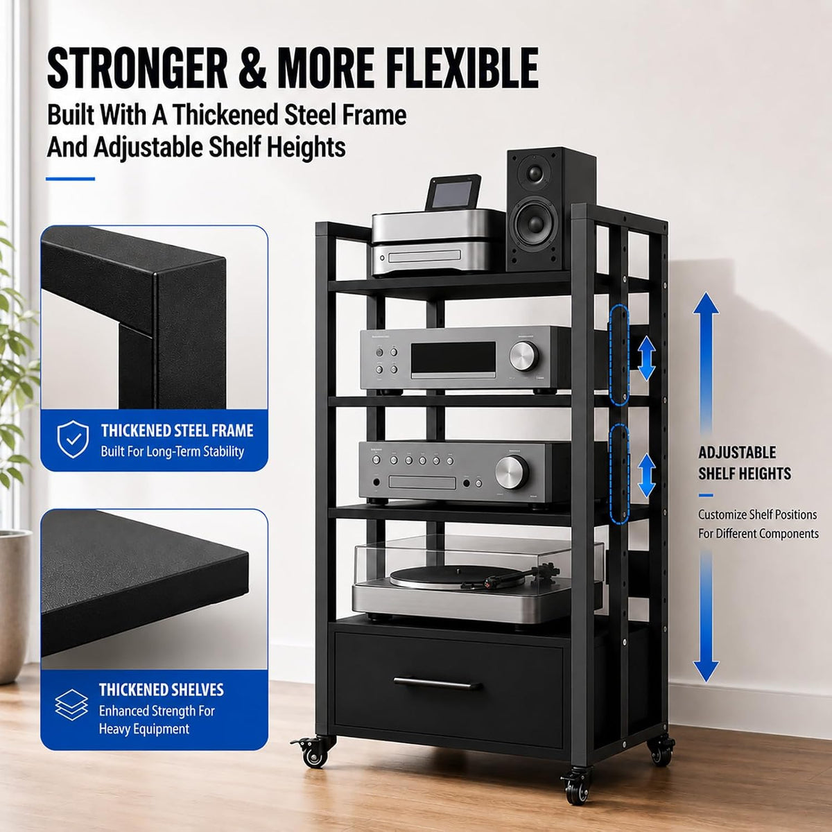 4-Tier Audio Rack with Wheels, AV Media Stand