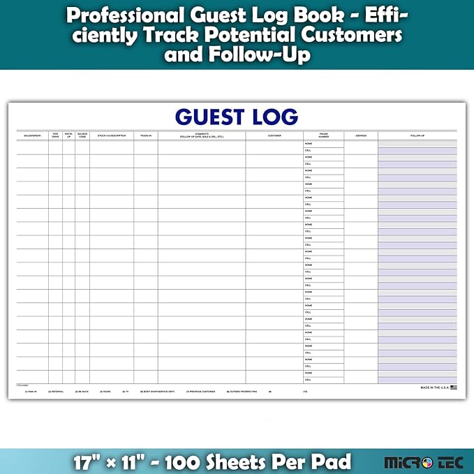 Guest Log Book for Automotive Dealerships – Customer Sign-in Tracking Log – 17" - Image 4