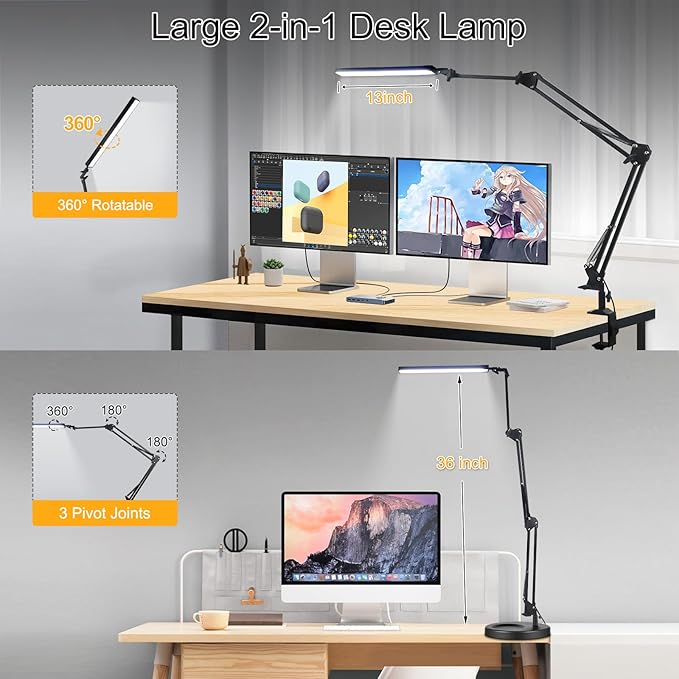 NOEVSBIG LED Desk Lamp with Clamp, 2-in-1 Clamp on Desk Lamps with Base - Image 3