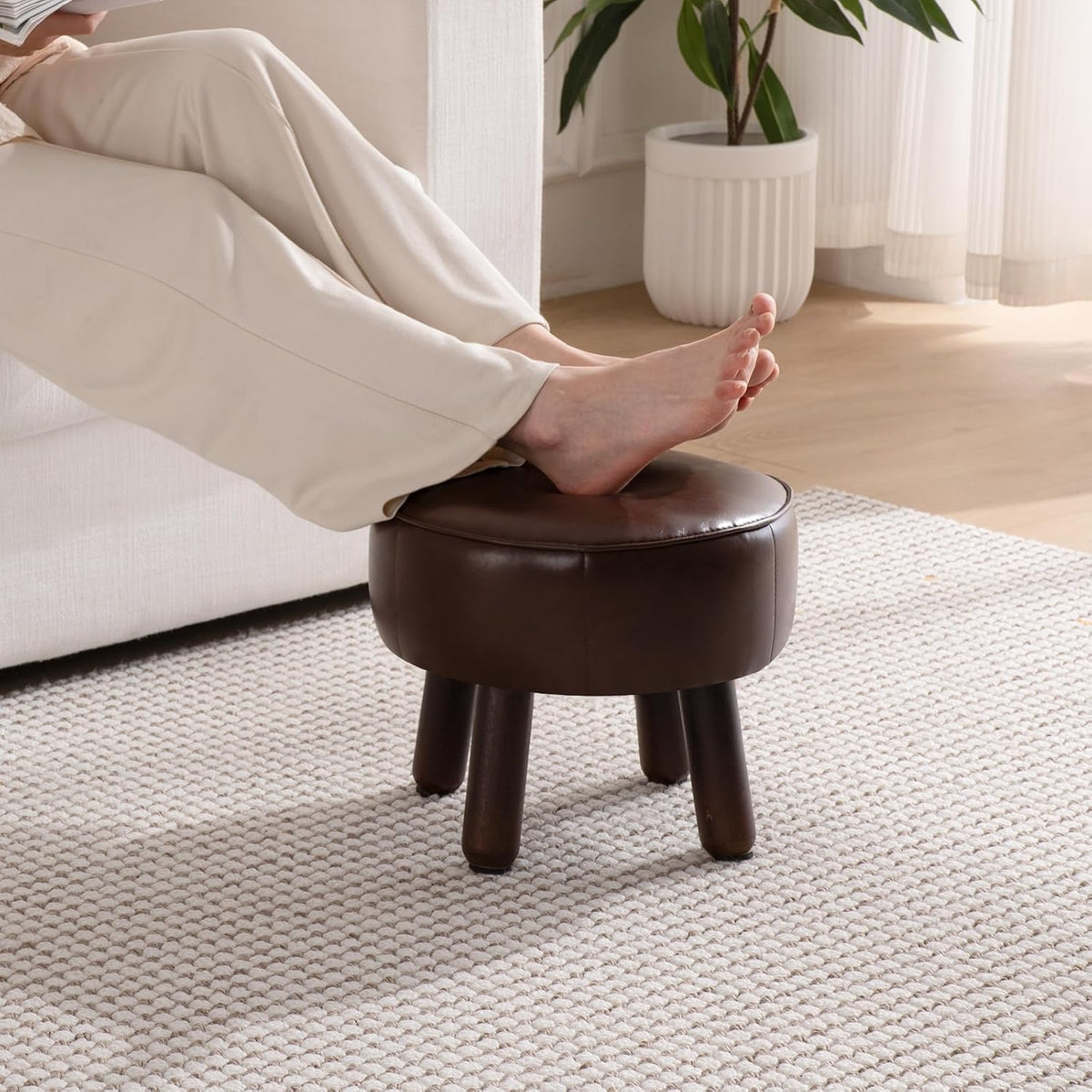 Small Foot Stool Ottoman, Round Pouf Foot Rest, Footstool, Faux Leather