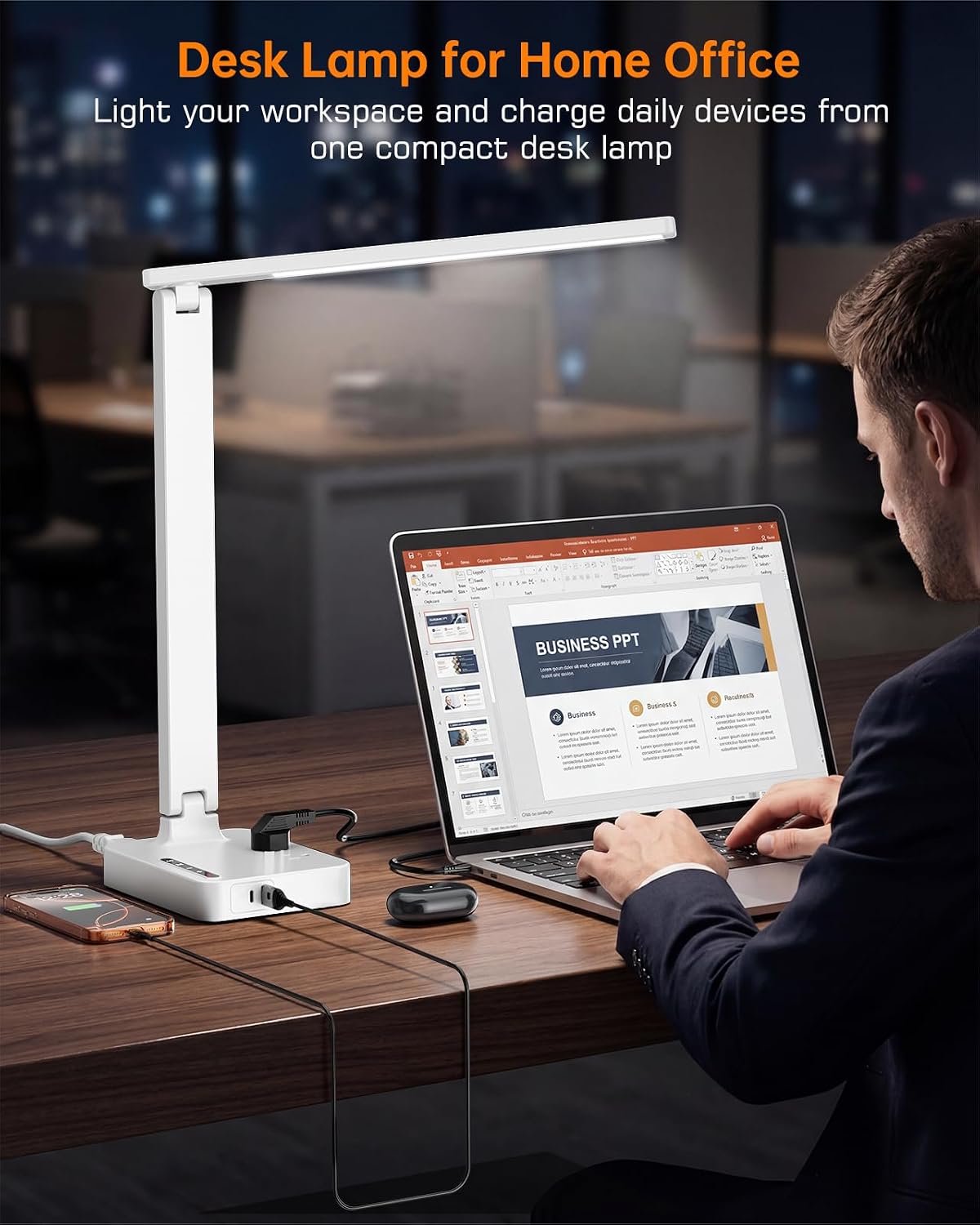 LED Desk Lamp with USB Charging Port for Dorm Office, 800lm, CRI 92, White