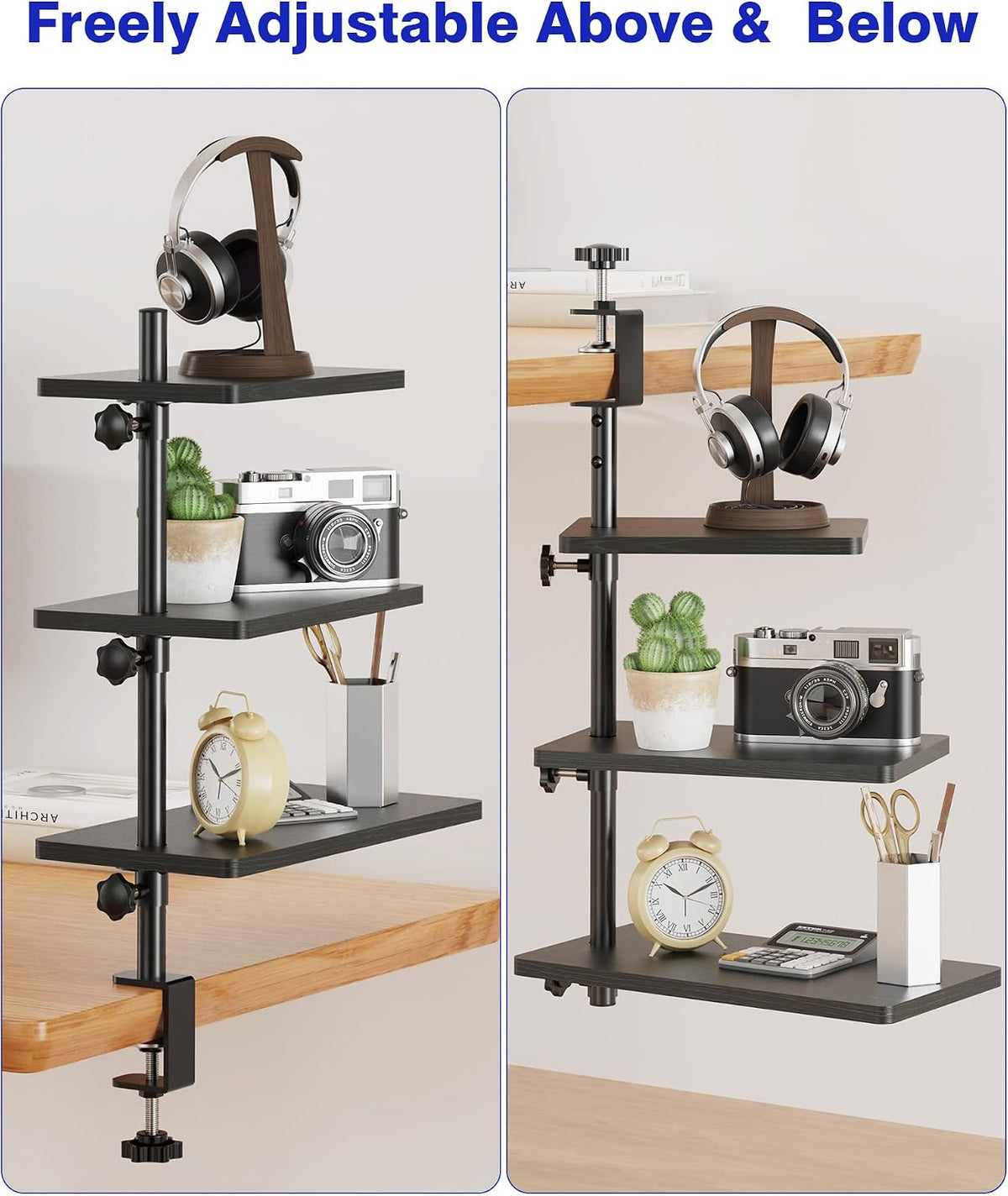 3 Tiers Clamp On Desk Shelf, 360° Angle Adjustable Desktop Shelf Organizer fo...