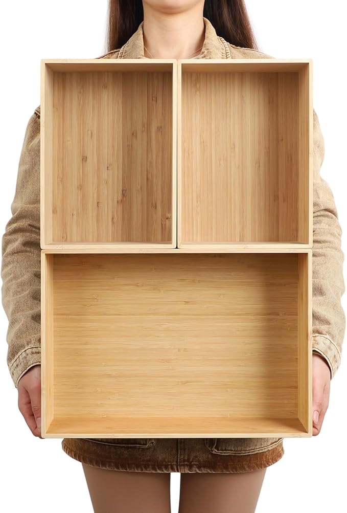 3-Piece Large Bamboo Storage Box Set, 7.1 in High Stackable Deep-Drawer by BAMOTTOCRAFTBAMBOO