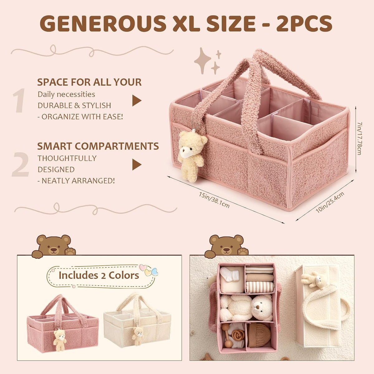 Shinylin 2 Pack Plush Diaper Caddy Organizer, Powder Pink and Ivory