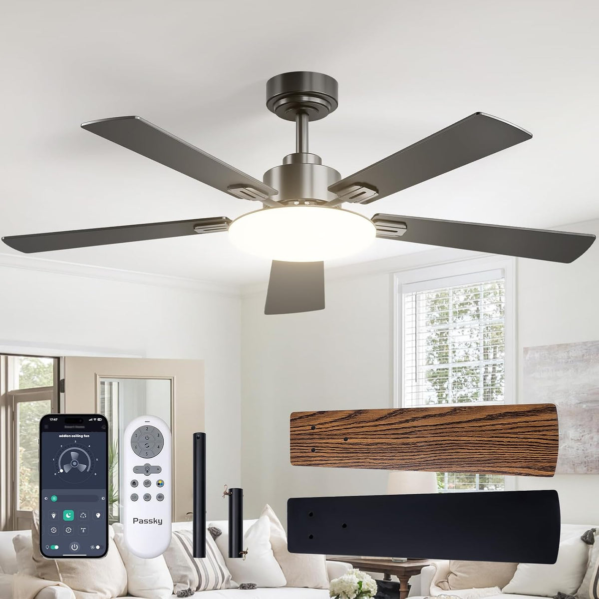 passky 52 inch black sleek ceiling fans with, main product view