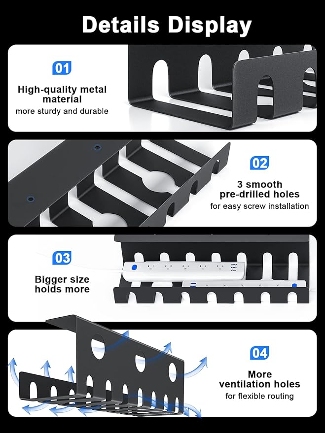 Delamu 2 Pack Metal Under Desk Cable Management Tray, U Channel Cord Organizer - Image 6