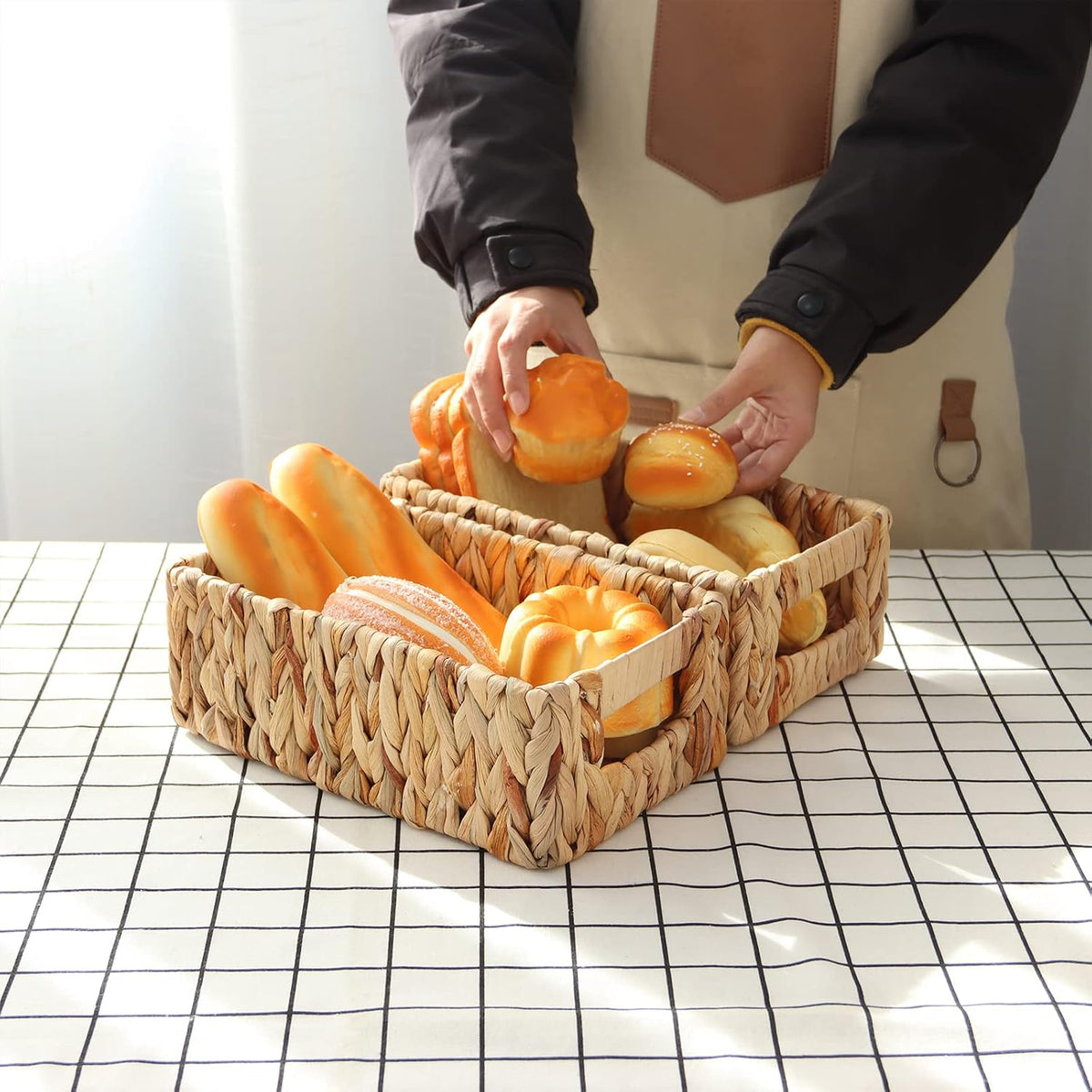 YAHUAN Woven Water Hyacinth Baskets for Organizing, Rectangular Wicker Basket...
