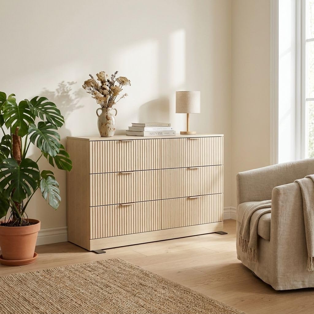 MALOL Modern Fluted 6 Drawer Dresser, Wide Wooden Storage Cabinet with Metal ...