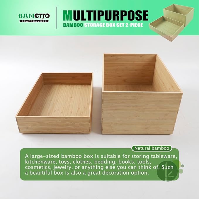 2-Piece Large Bamboo Storage Box Set, 7.1 in High Stackable Deep-Drawer - Image 5