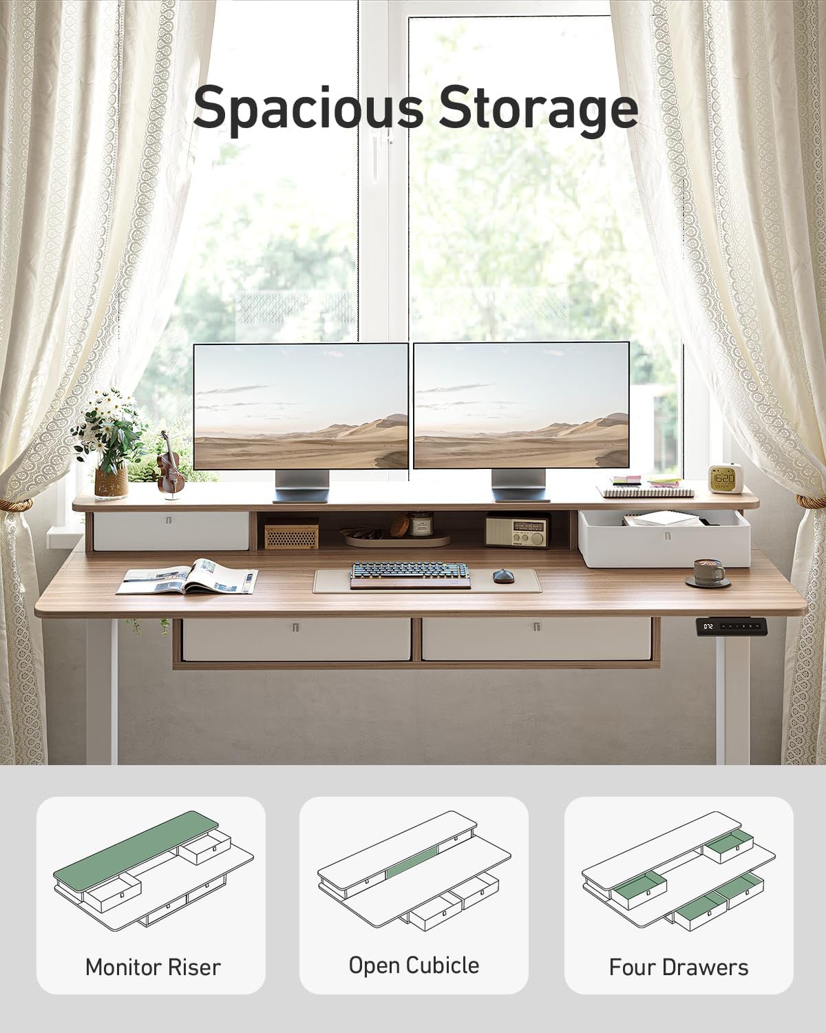 CubiCubi 55" x 30" Standing Electric Desk with Drawers, Light Rusti...