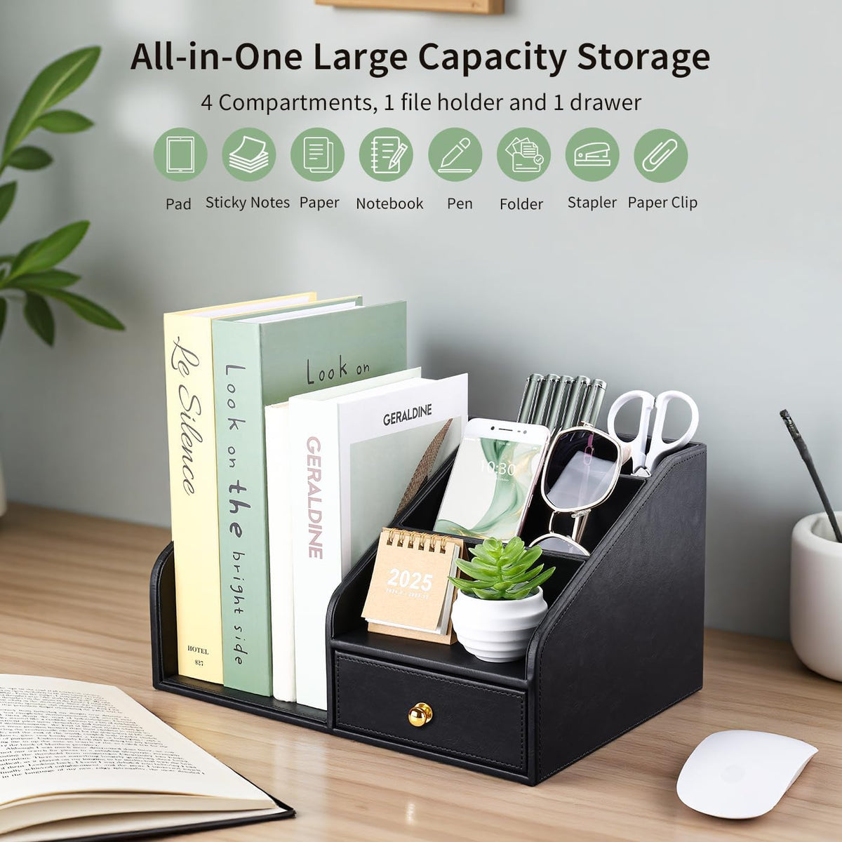 GORESE PU Leather Desk Organizer, File Organizer with Drawer and 4 Compartmen...
