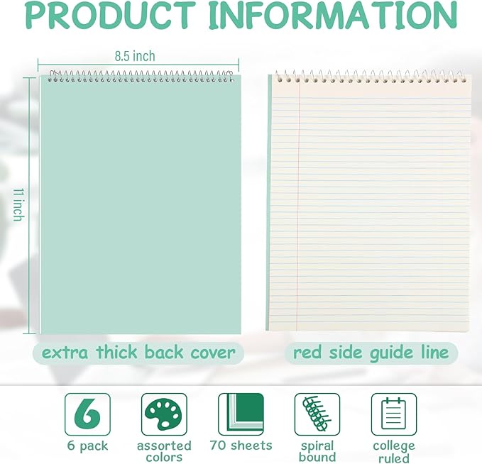 Maitys 6 Pcs Legal Pad Steno Spiral Notebook 8.5" x 11" Top Bound Spiral Pads - Image 2