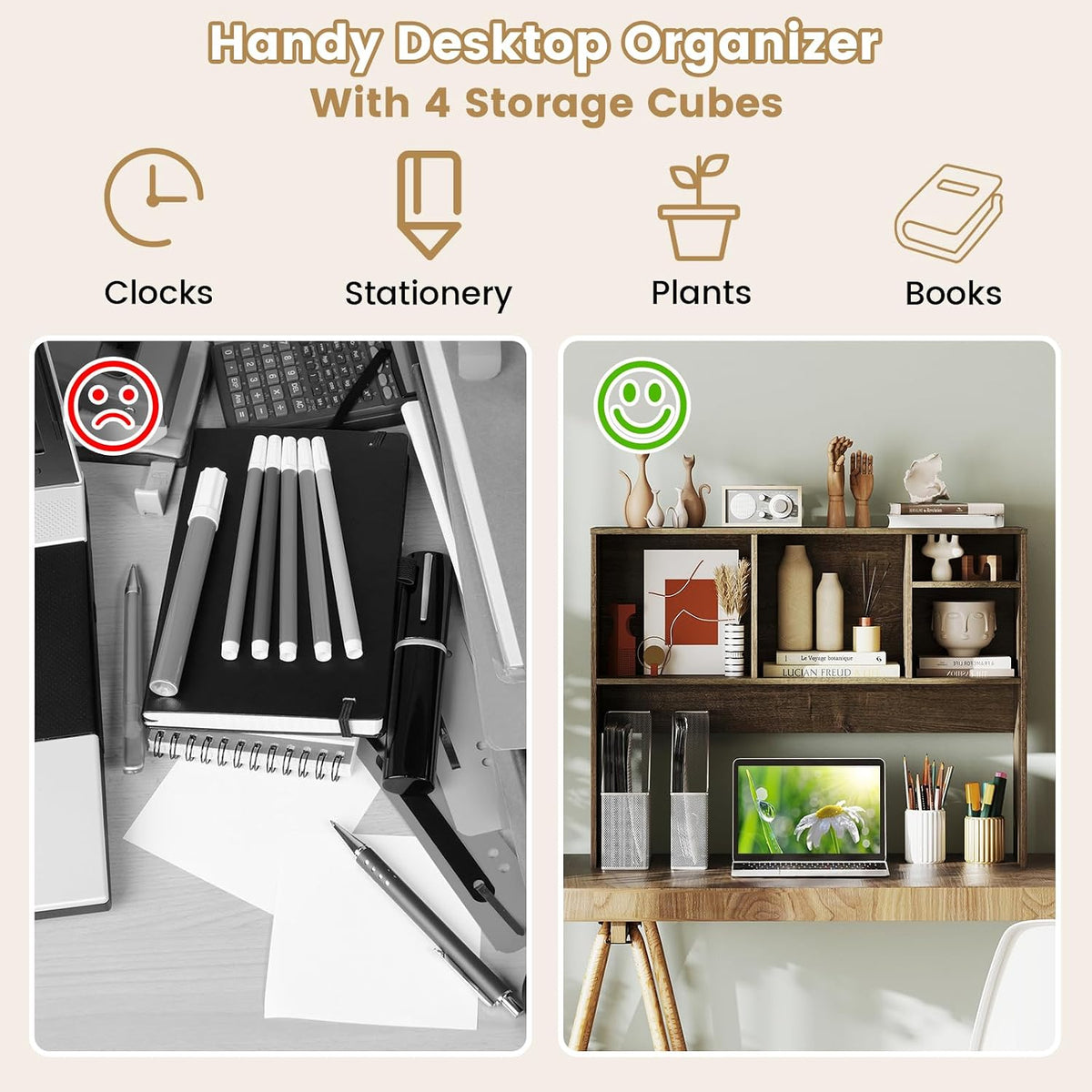 LDAILY Desktop Bookshelf, 2-Tier Office Desk Shelf Organizer with 4 Shelves, ...