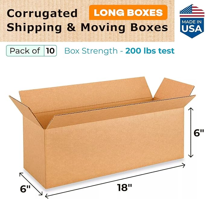IDL Packaging - B-1866-10 Long Corrugated Shipping Boxes 18"L x 6”W x 6"H - - Image 2