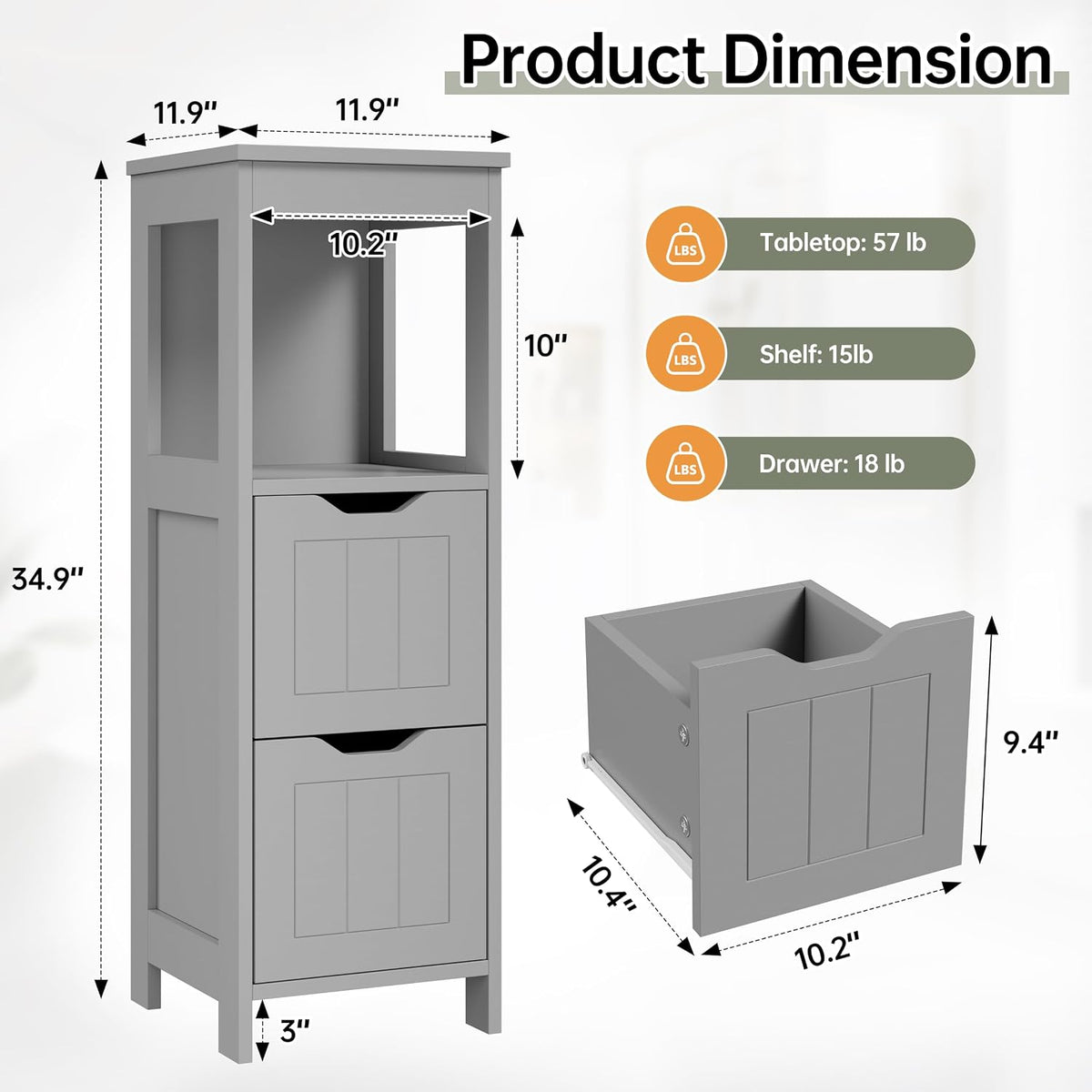 Shintenchi Small Bathroom Storage Cabinet, 2 Drawer Slim Floor Cabinet