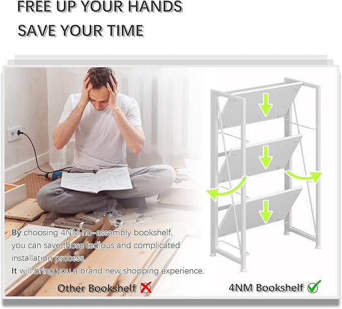 4NM No Assembly Folding Bookshelf Storage Shelves 3 Tiers Vintage Bookcase - Image 7