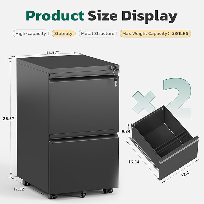 Greenvelly 2 Drawer Mobile File Cabinet - Image 3