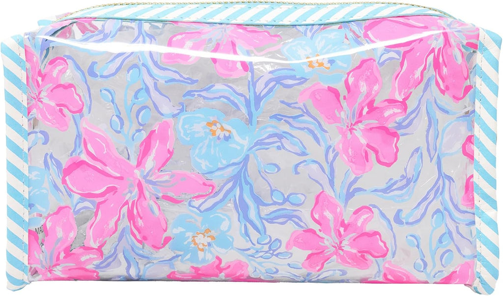 Lilly Pulitzer Vinyl Pouch, Beachside Haven | Cute, Semi-Clear, Water Resistant, Zipper Bag Pencil Case for Stationery, Small Toiletries, and Makeup