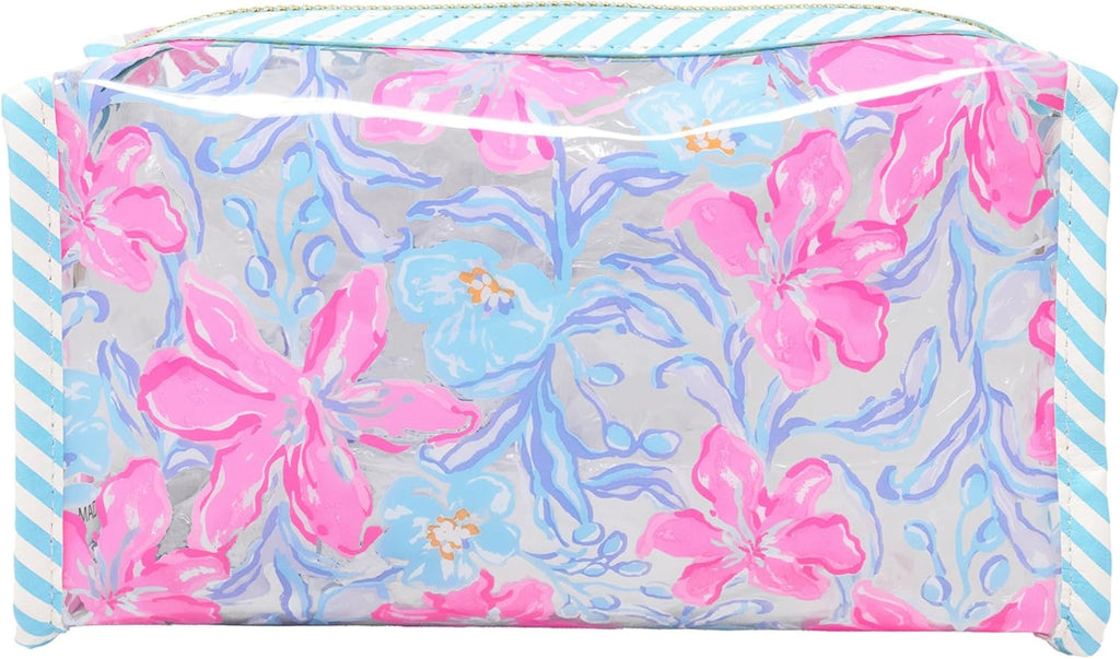 Lilly Pulitzer Vinyl Pouch, Beachside Haven | Cute, Semi-Clear, Water Resistant, Zipper Bag Pencil Case for Stationery, Small Toiletries, and Makeup