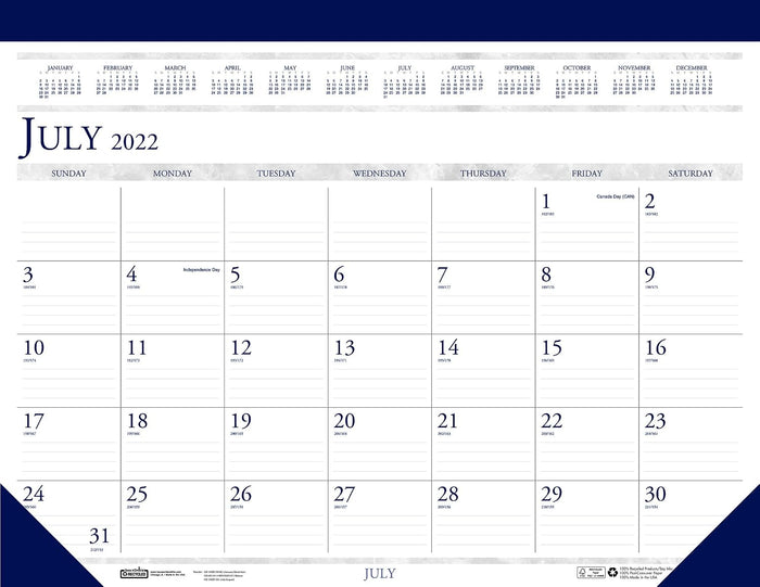 House of Doolittle Recycled Academic Desk Pad Calendar, 18.5 x 13, White/Blue Sheets, Blue Binding/Corners, 14-Month (July to Aug): 2022 to 2023
