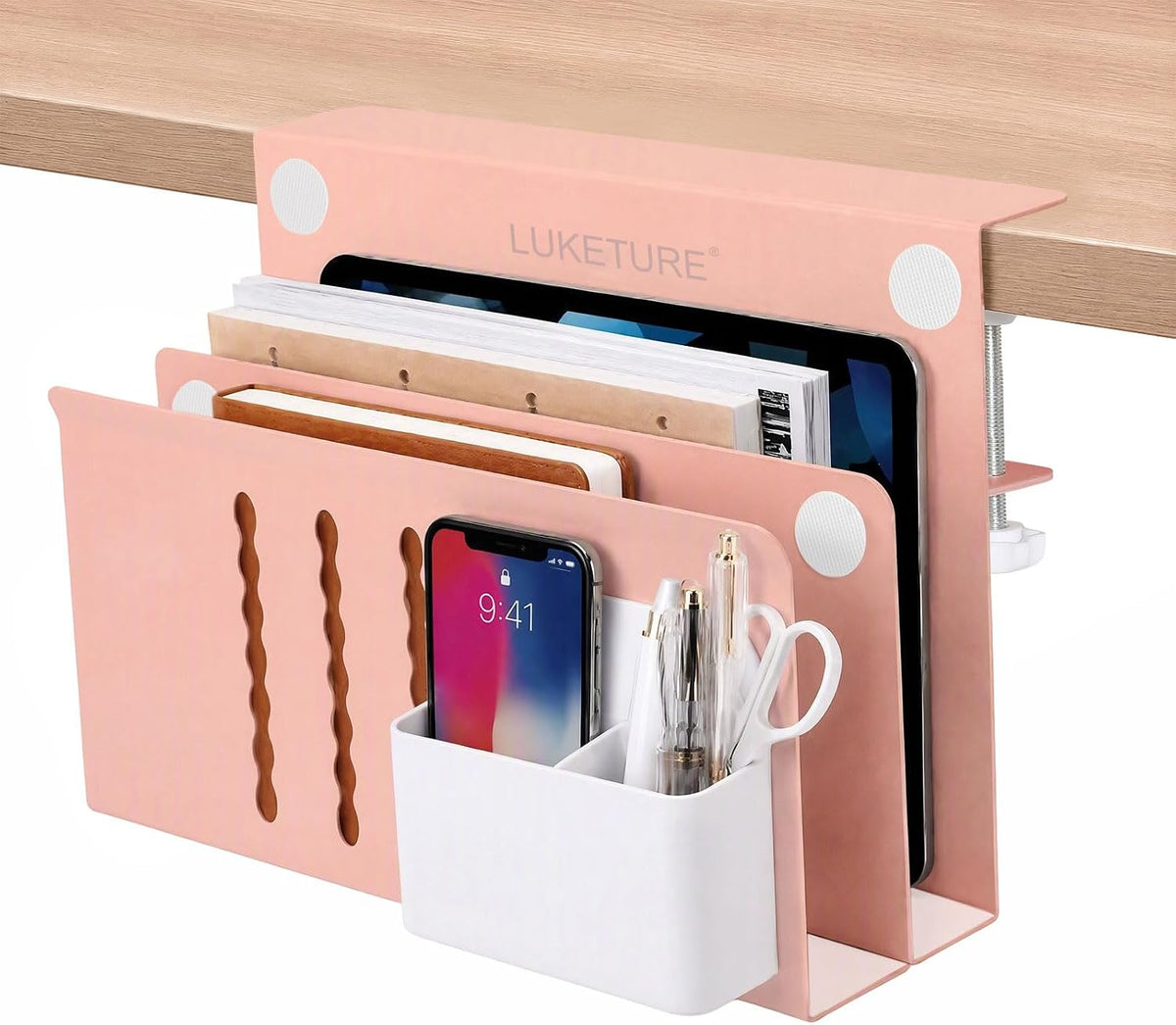 LUKETURE Desk Side Storage, 2 Tie Laptop Holder No Drill Clamp On Organizer