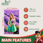 Uinkit Glossy Inkjet Photo Paper 8.5x14 Legal Size, 48lb 180gsm, 100 Sheets - Image 2