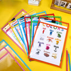 80 Packs Oversized Dry Erase Pockets Sleeves Reusable, 10x14 Inch | 5 Colors, Plastic Ticket Holders, Clear Pocket Sleeves for Back to School Classroom Office Home Student Teacher Supplies