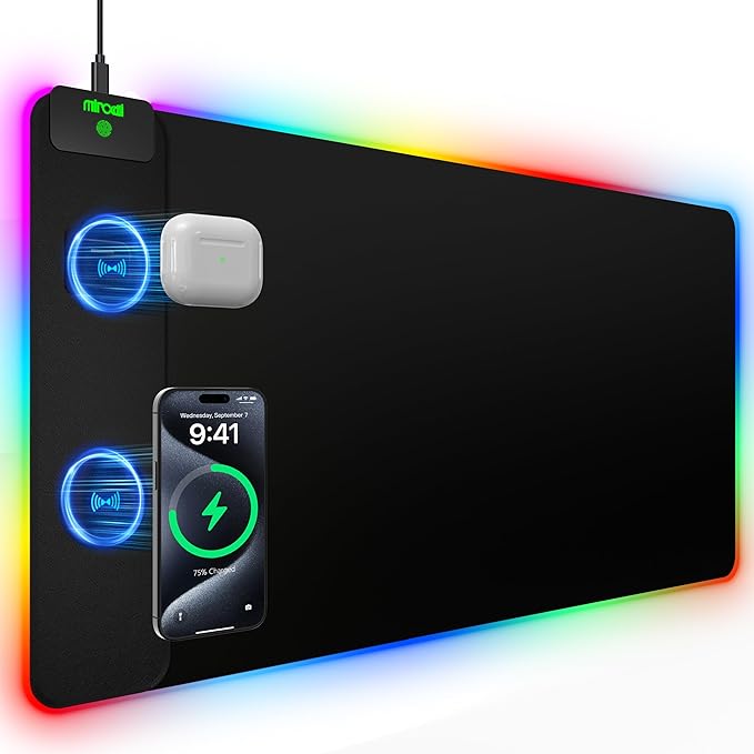 Mouse Pad with 15W Magnetic Wireless Charging 31.5x15.75 Inch, RGB Mousepad by miroddi