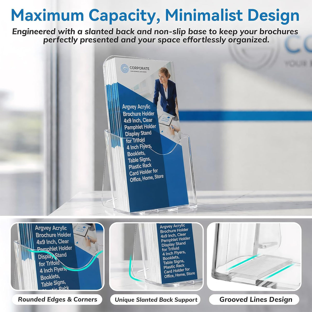 clear 4x9 trifold brochure holder, acrylic rack card, close-up detail