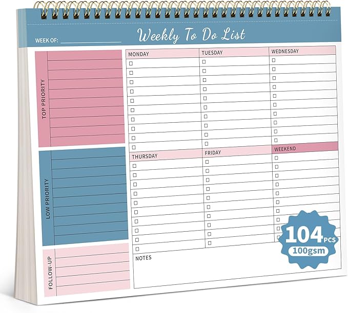 104 Pgs Weekly To Do List Notepad, 52 Duplex-Printed Undated Sheets 100 by ALKALO