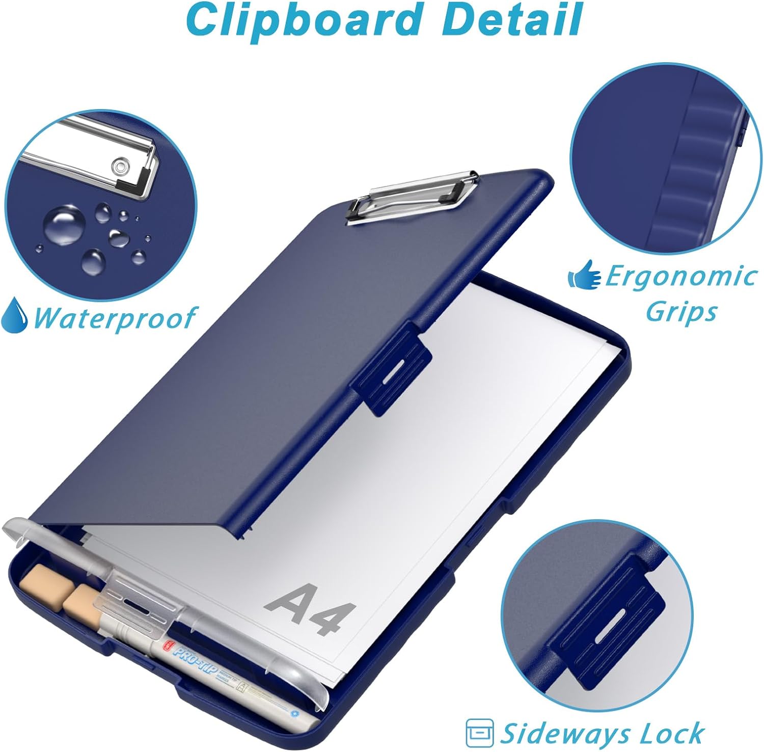 Rimilak Clipboard with Storage, 8.5 x 11'' High Capacity Clip Board, Blue | Smooth Writing, Side-Opening Plastic Folder with Pen Holder, Size 14.2 x 9.6 x 1.2″ ,for Classroom, Teacher, Student