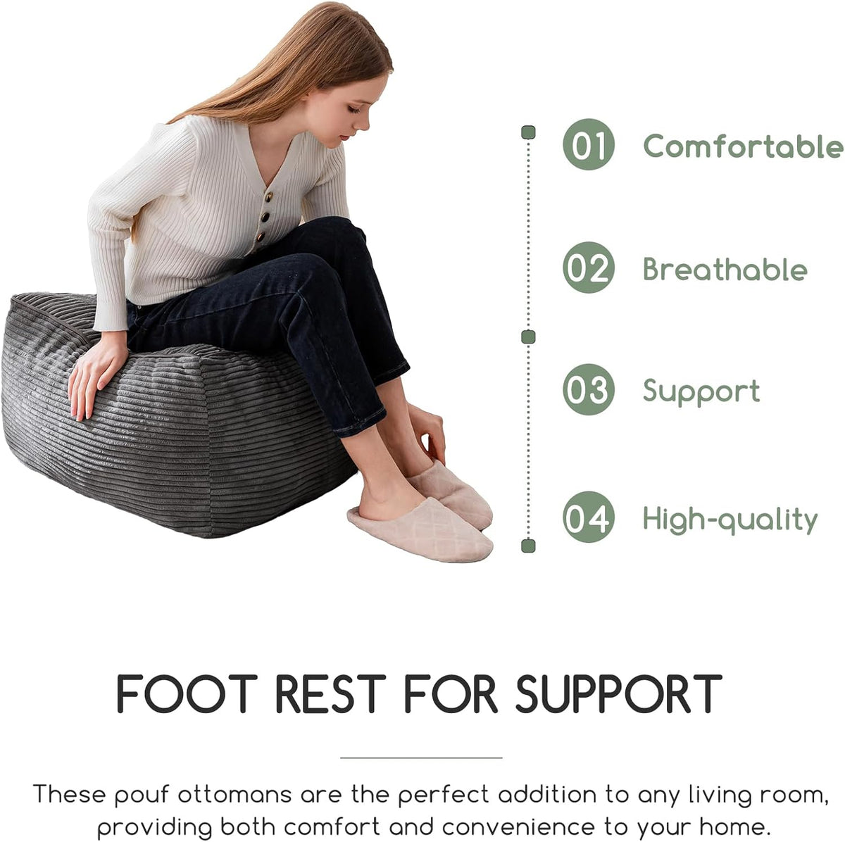 higogogo square stuffed pouf ottoman, corduroy poufs with showing dimensions
