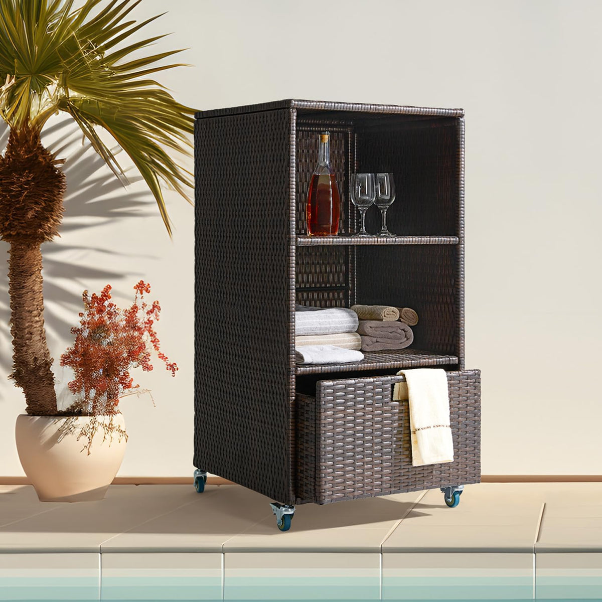 Outdoor Pool Towel Storage Cabinet Organizer Towel Valet Rack with Storage Sh...