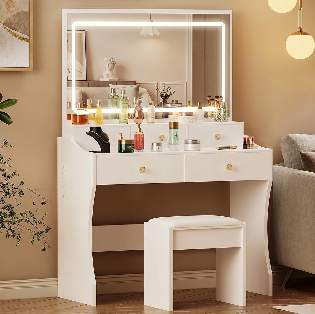 COMHOMA Vanity Desk with LED Lights Mirror & Power Outlet, Small Makeup V...