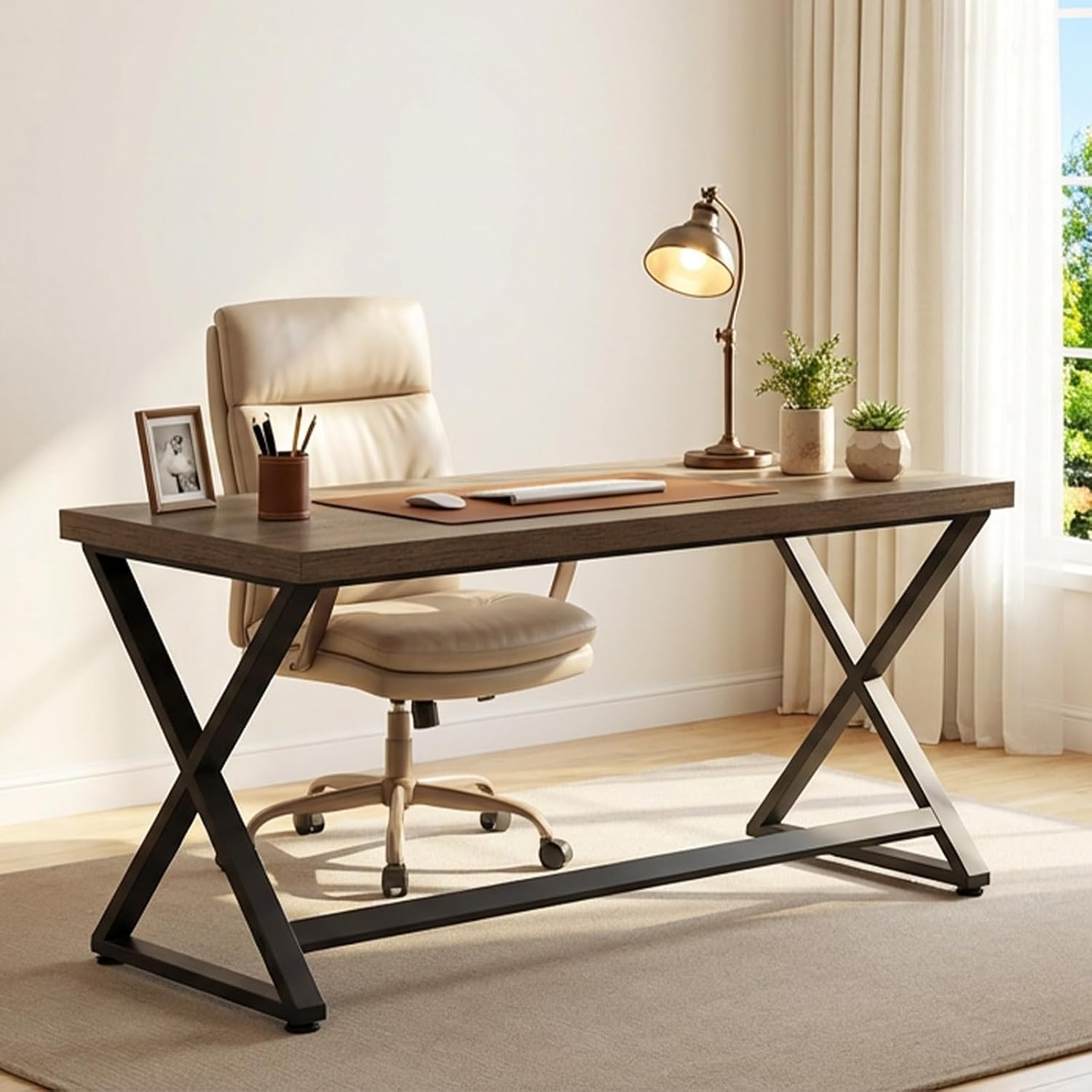 47 Inch Computer Desk, Home Office Desk for Writing Study Rustic Oak | Industrial Wood Metal Executive Work Study Desk, Modern Simple PC Gaming Computer Table for Study Workstation