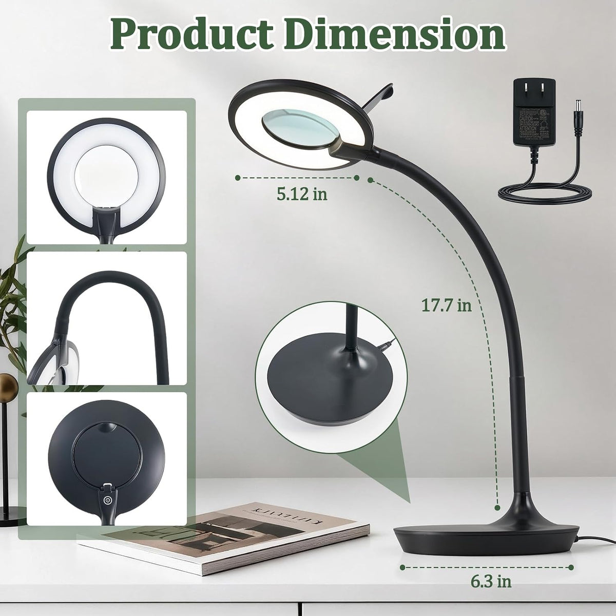 3X+6X Magnifying Glass with Light and Stand, Dimmable LED Magnifying Lamp