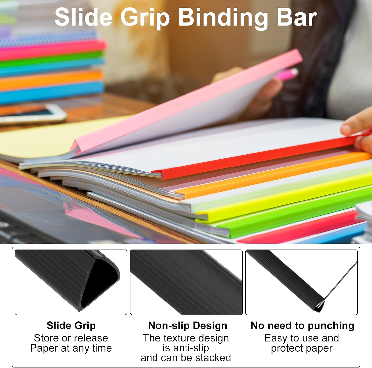 PATIKIL 10Pcs Binding Bars, 15mm Binding Bars Slide Grip 120 Sheets Capacity A4 Size Report Binder Triangle Presentation Binder for Report Cover Resume, Black