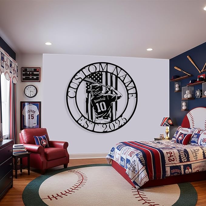 Personalized Baseball Metal Sign Custom Player Name & Number Sign Boys Room - Image 2
