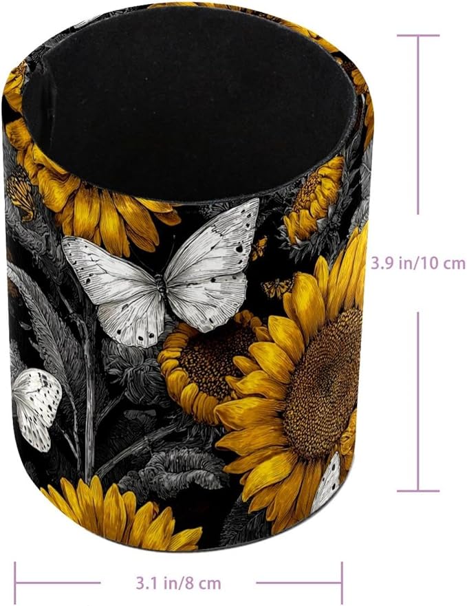 Leather Pen Holder for Desk Sunflower Butterfly Pencil Cup Desktop Organizer - Image 3