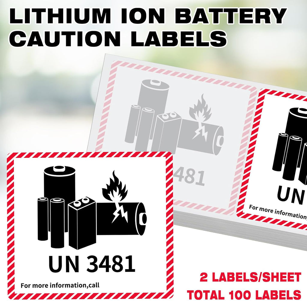 150 Pcs UN3481 Battery Labels Lithium Caution 4.7" X 4.3" | Lithium Ion Transport Caution Labels, Strong Adhesive for Shipping Packages, Fragile Warning Safety Stickers