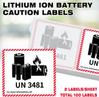 150 Pcs UN3481 Battery Labels Lithium Caution 4.7" X 4.3" | Lithium Ion Transport Caution Labels, Strong Adhesive for Shipping Packages, Fragile Warning Safety Stickers