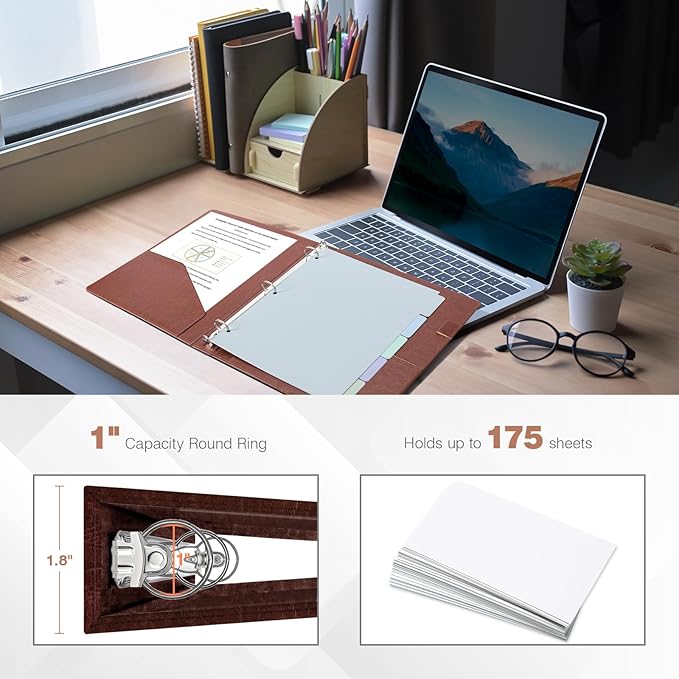 Ospelelf 3 Ring Binder with Clipboard, 1 Inch Leather, Letter Size, 5 Tab - Image 4