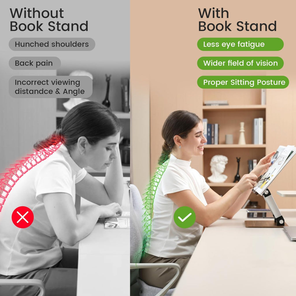 Upgraded Book Stand, Convenient Button Adjustable Book Holder Hands Free, 180° Flexible Lift, Expansion Bracket, Cookbook Stand with Elastic Page Clip, Display Stand for Recipes, Tablets and Laptops