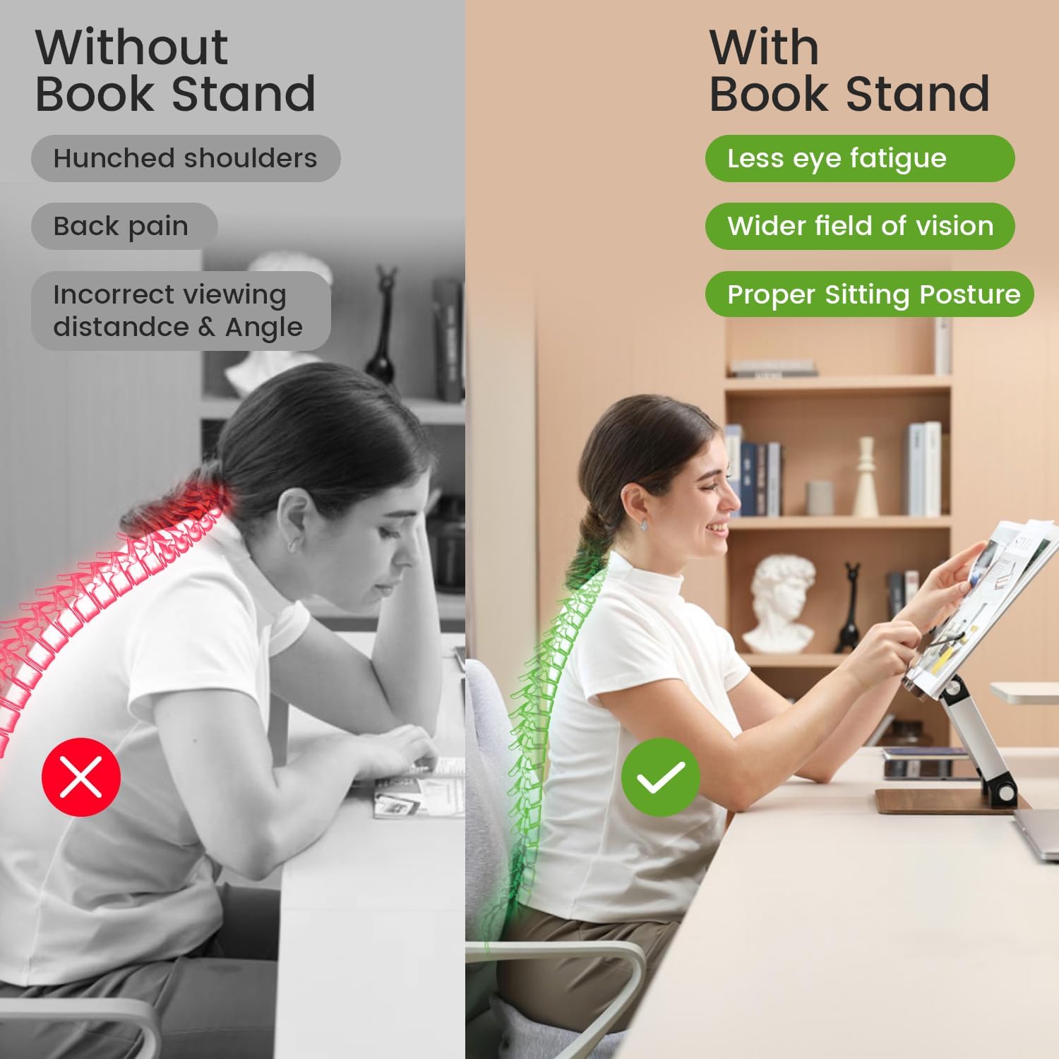Upgraded Book Stand, Convenient Button Adjustable Book Holder Hands Free, 180° Flexible Lift, Expansion Bracket, Cookbook Stand with Elastic Page Clip, Display Stand for Recipes, Tablets and Laptops