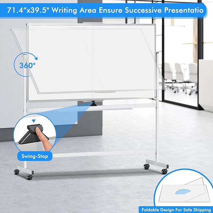 maxtek Rolling Whiteboard, 72x40 Large Double-Sided White Board Dry Erase on - Image 3